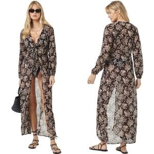 l*space Brown Sheer Floral Tie-Front Swim Coverup